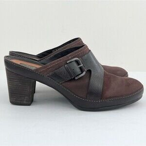 Clarks Artisan Clogs Womens Size 10 Brown Suede Leather Slip On 2.5" Heel